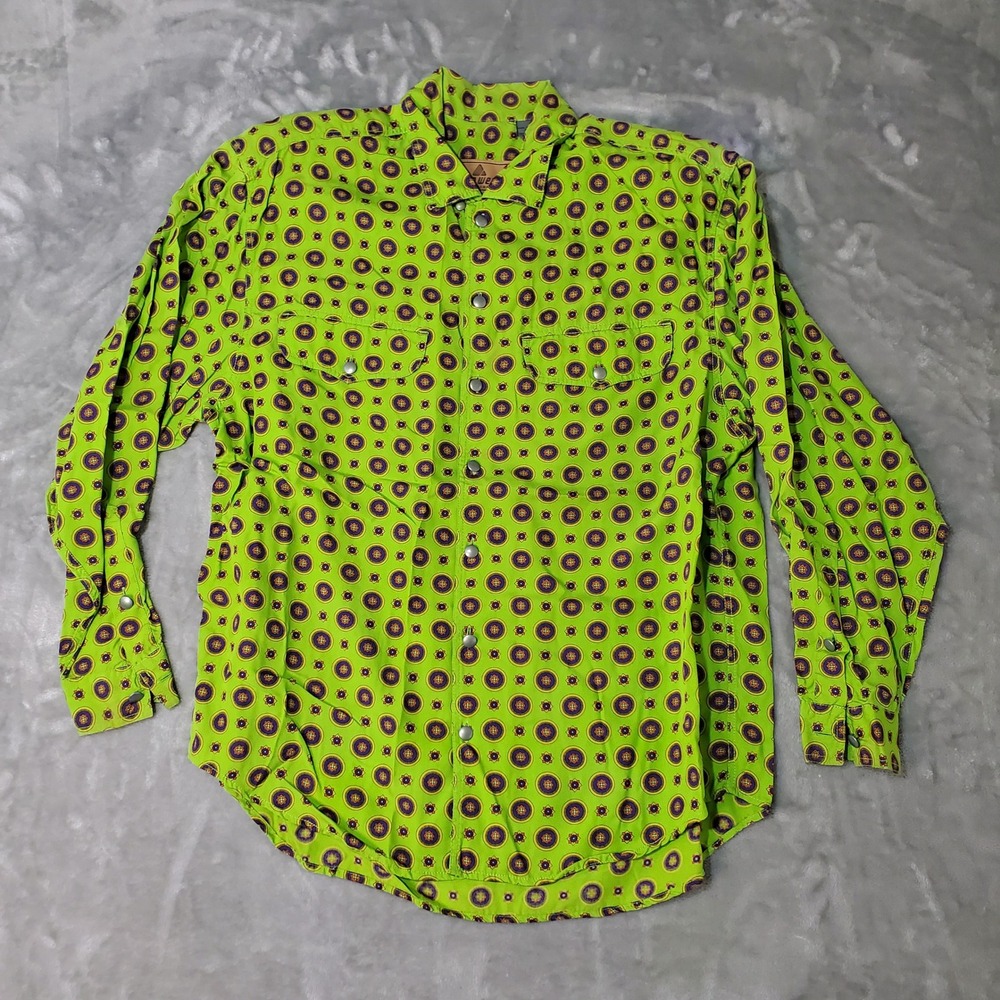 Vintage Lizwear Lime Green Medallion Print Snap Front Rayon Shirt Womens Large